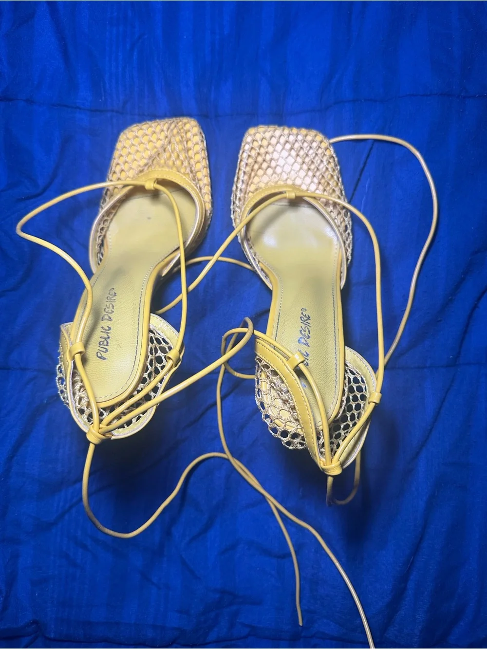 Public Desire Yellow Lace-Up Mesh Heeled Sandals